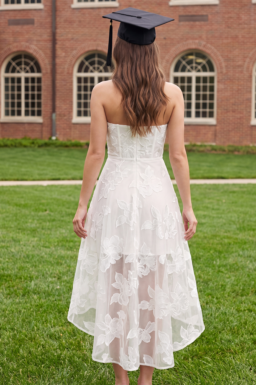 White Basque Waist Corset Floral Long A Line Graduation Dress with Ruffles