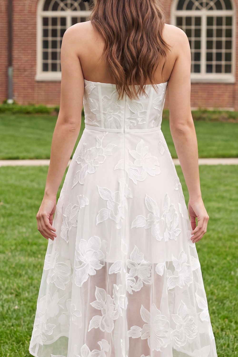 White Basque Waist Corset Floral Long A Line Graduation Dress with Ruffles