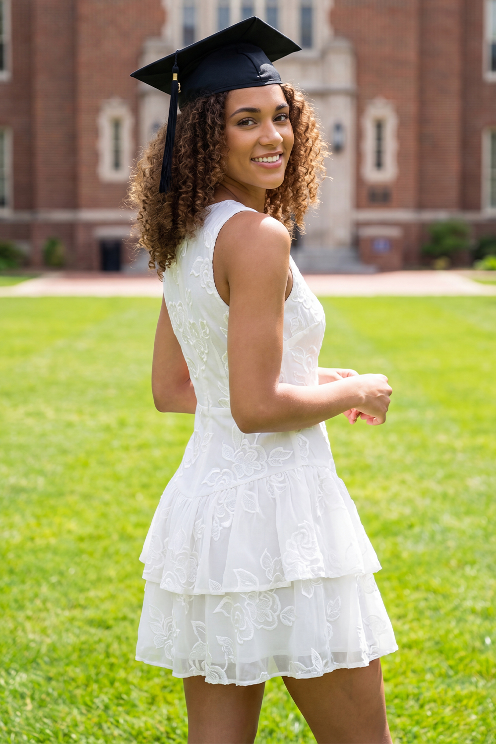 White V-Neck Ruffled Floral Short A Line Ruched Graduation Dress with Lace