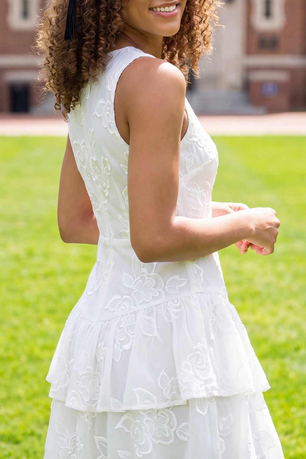 White V-Neck Ruffled Floral Short A Line Ruched Graduation Dress with Lace