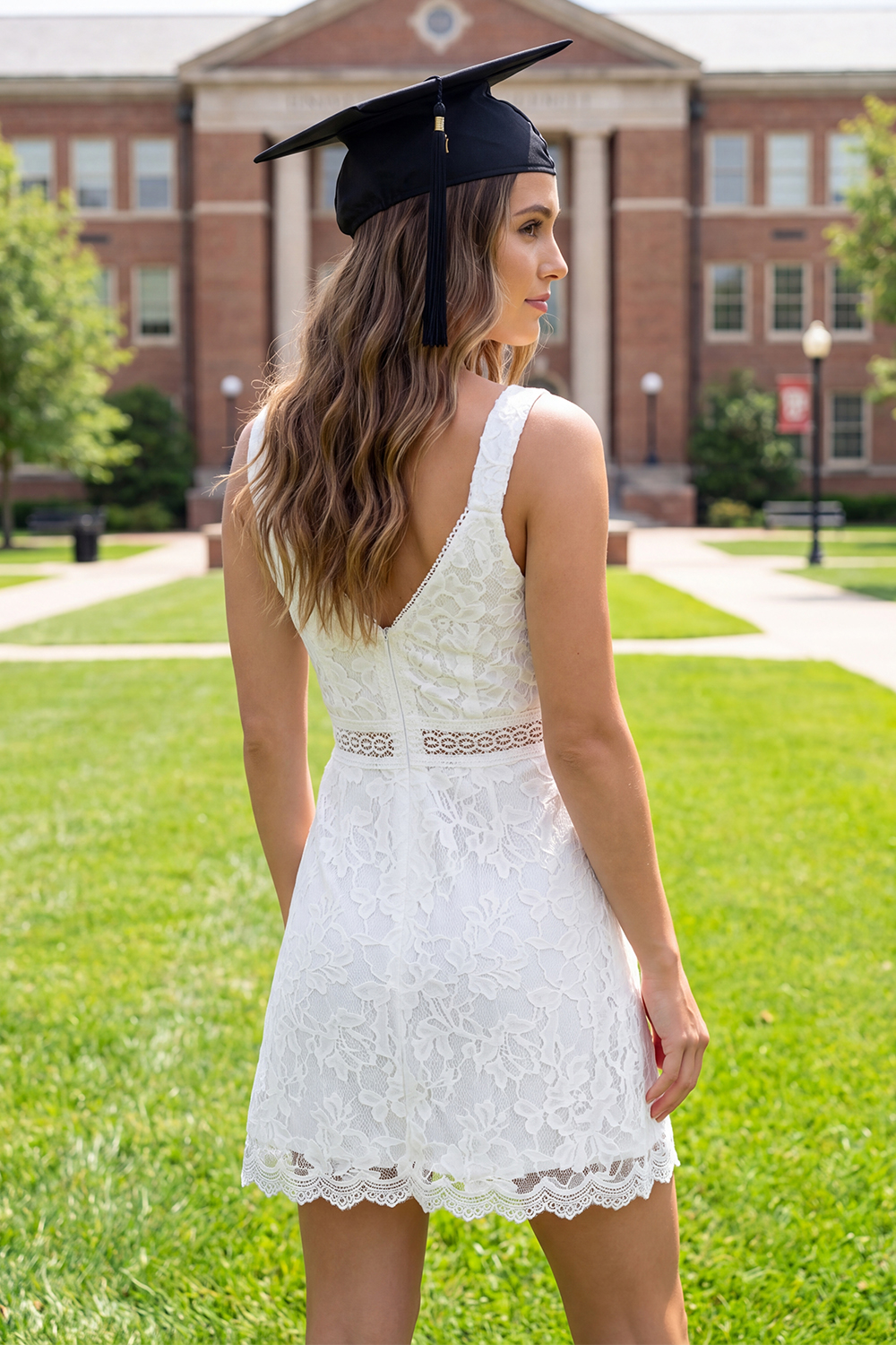 White Lace V-Neck Floral Short A Line Graduation Dress