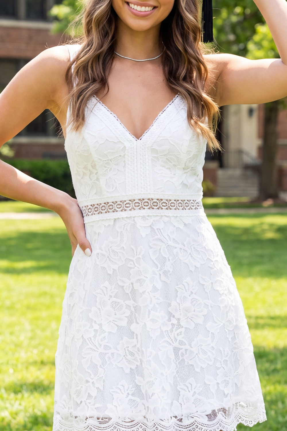 White Lace V-Neck Floral Short A Line Graduation Dress
