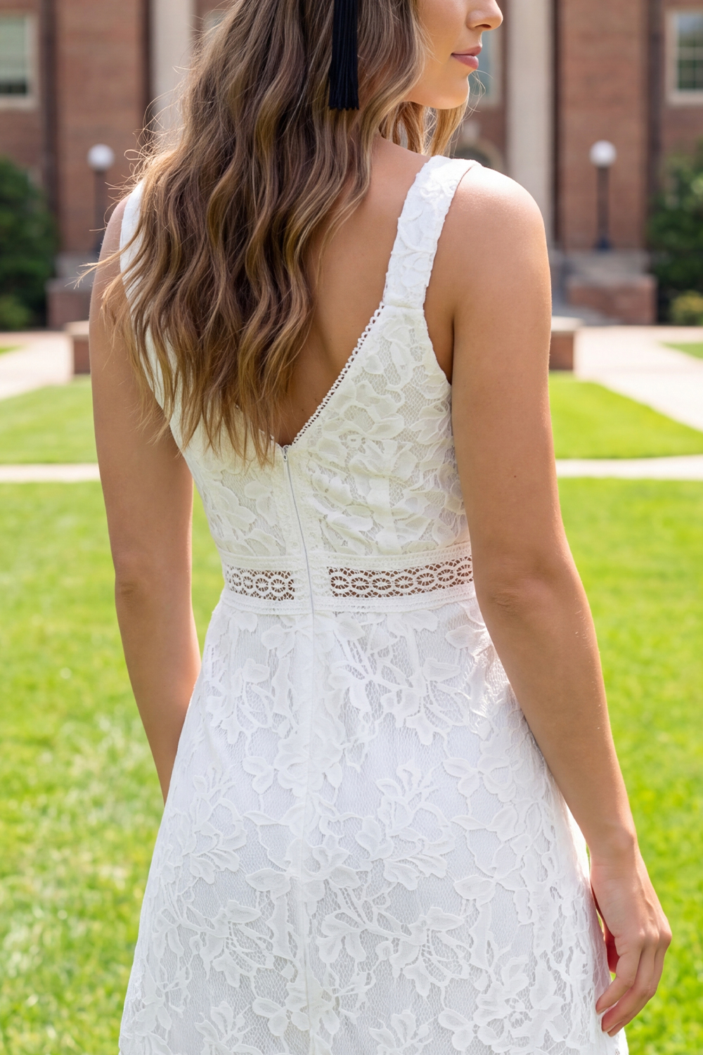 White Lace V-Neck Floral Short A Line Graduation Dress