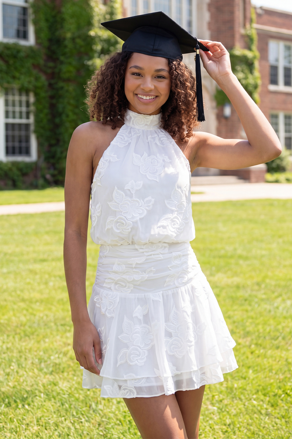 White High Neck Floral Short A Line Open Back Graduation Dress with Ruffles