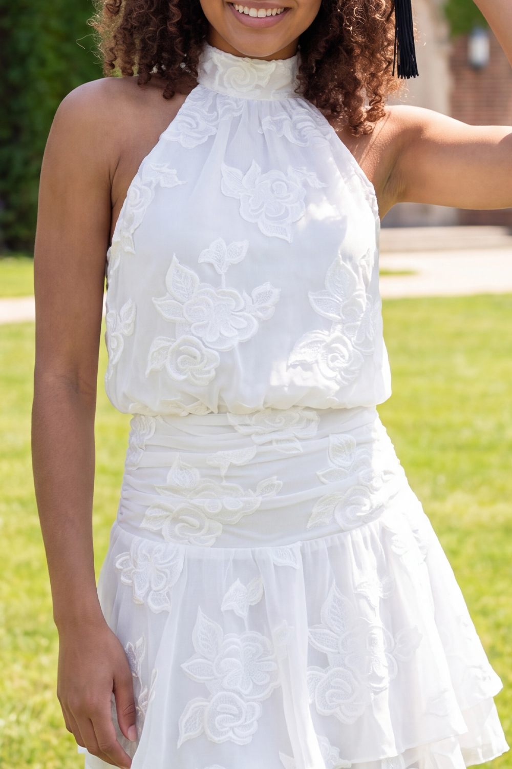 White High Neck Floral Short A Line Open Back Graduation Dress with Ruffles