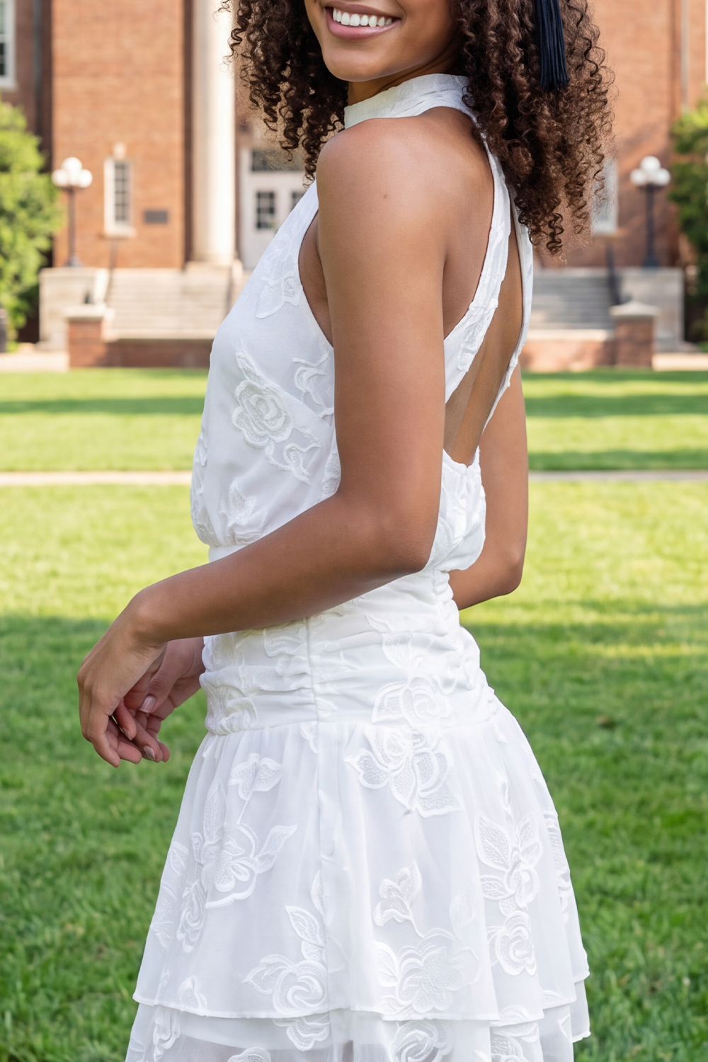 White High Neck Floral Short A Line Open Back Graduation Dress with Ruffles