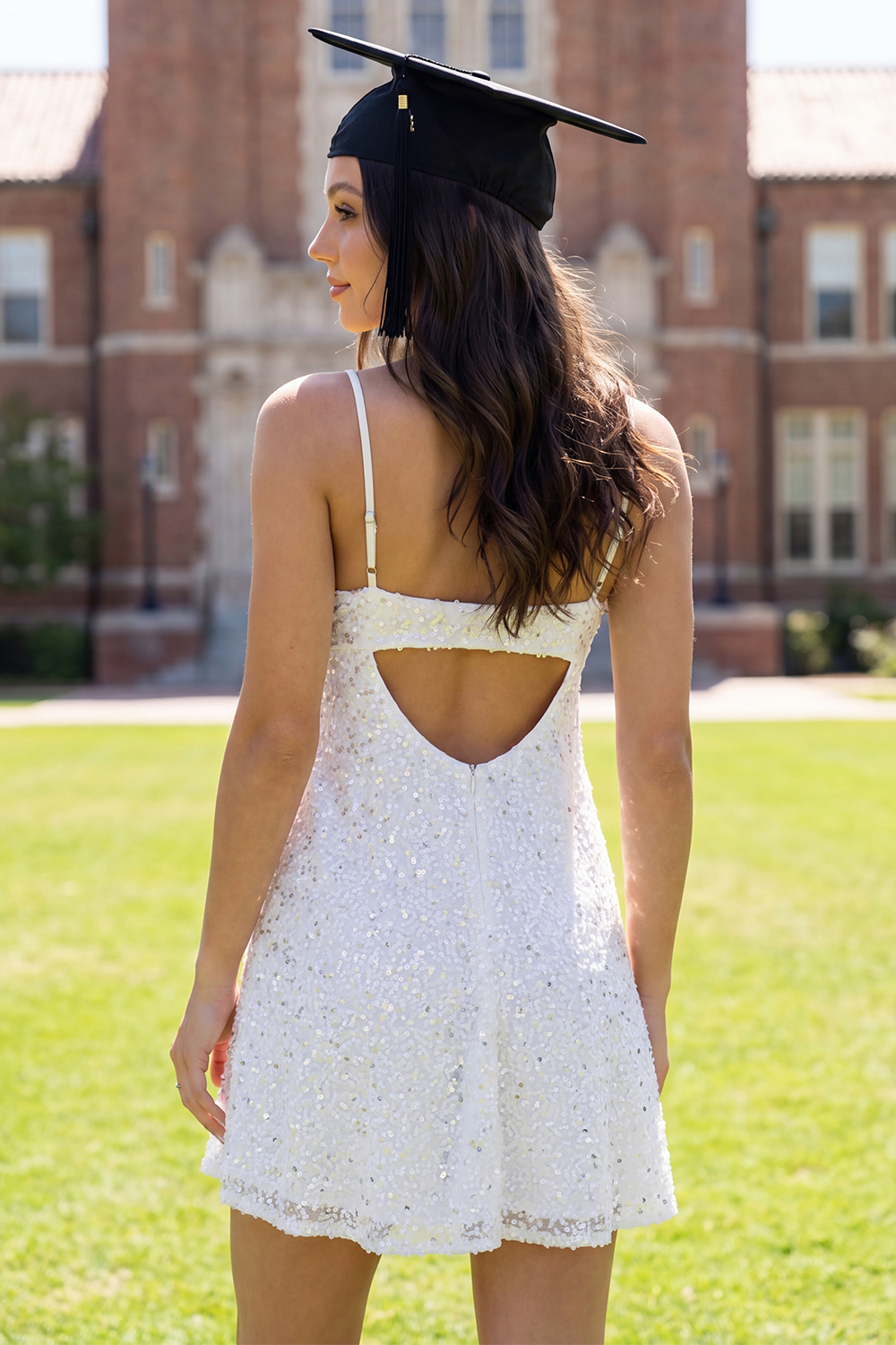 Sparkly White Spaghetti Straps Short Sequin A Line Graduation Dress