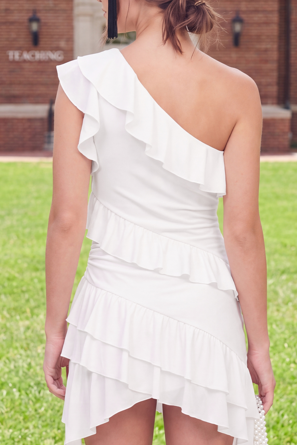 White One Shoulder Asymmetrical A Line Graduation Dress with Ruffles