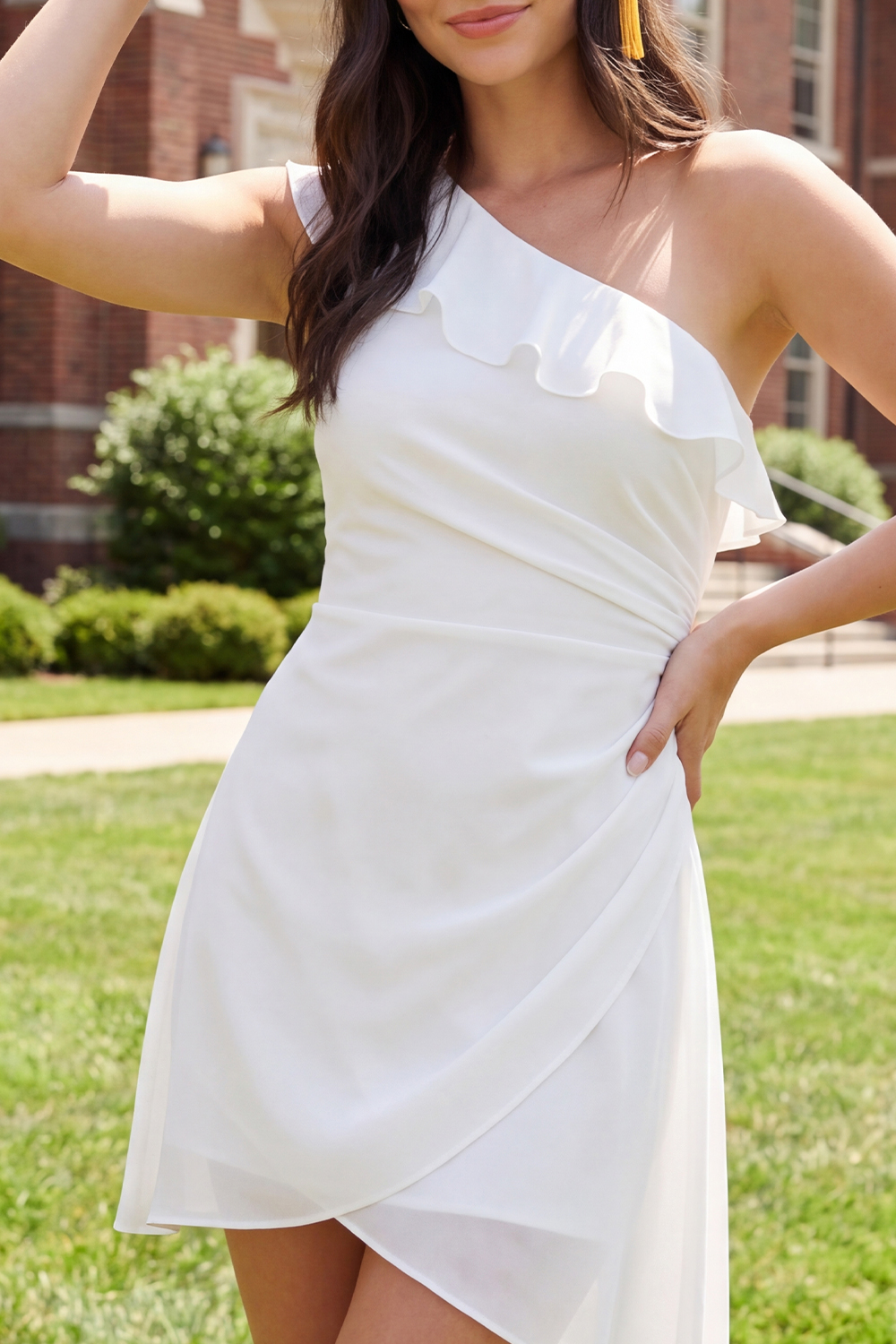 White One Shoulder Ruched Short A Line Graduation Dress with Ruffles