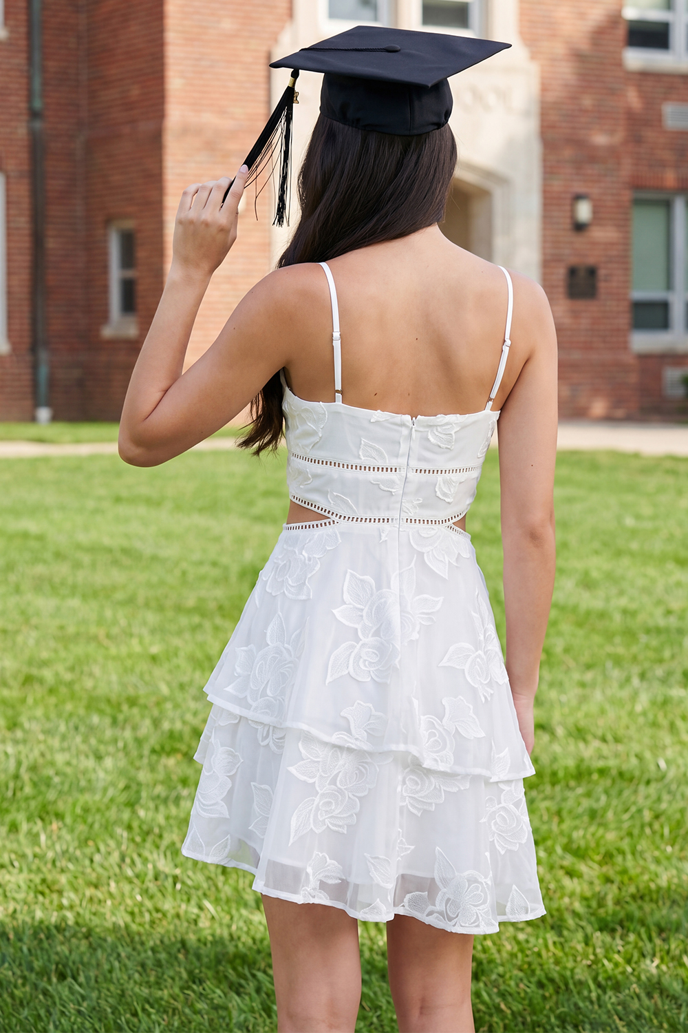 White Short Floral Cut Out A Line Graduation Dress with Ruffles