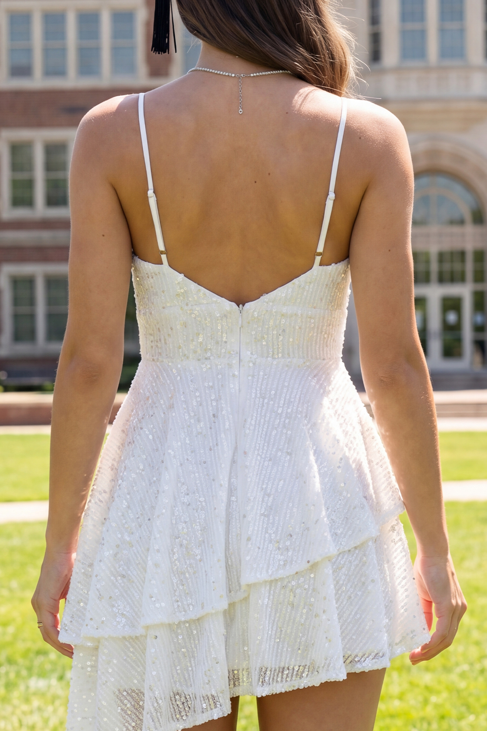 Sparkly White Short A Line Sequin Graduation Dress with Ruffles