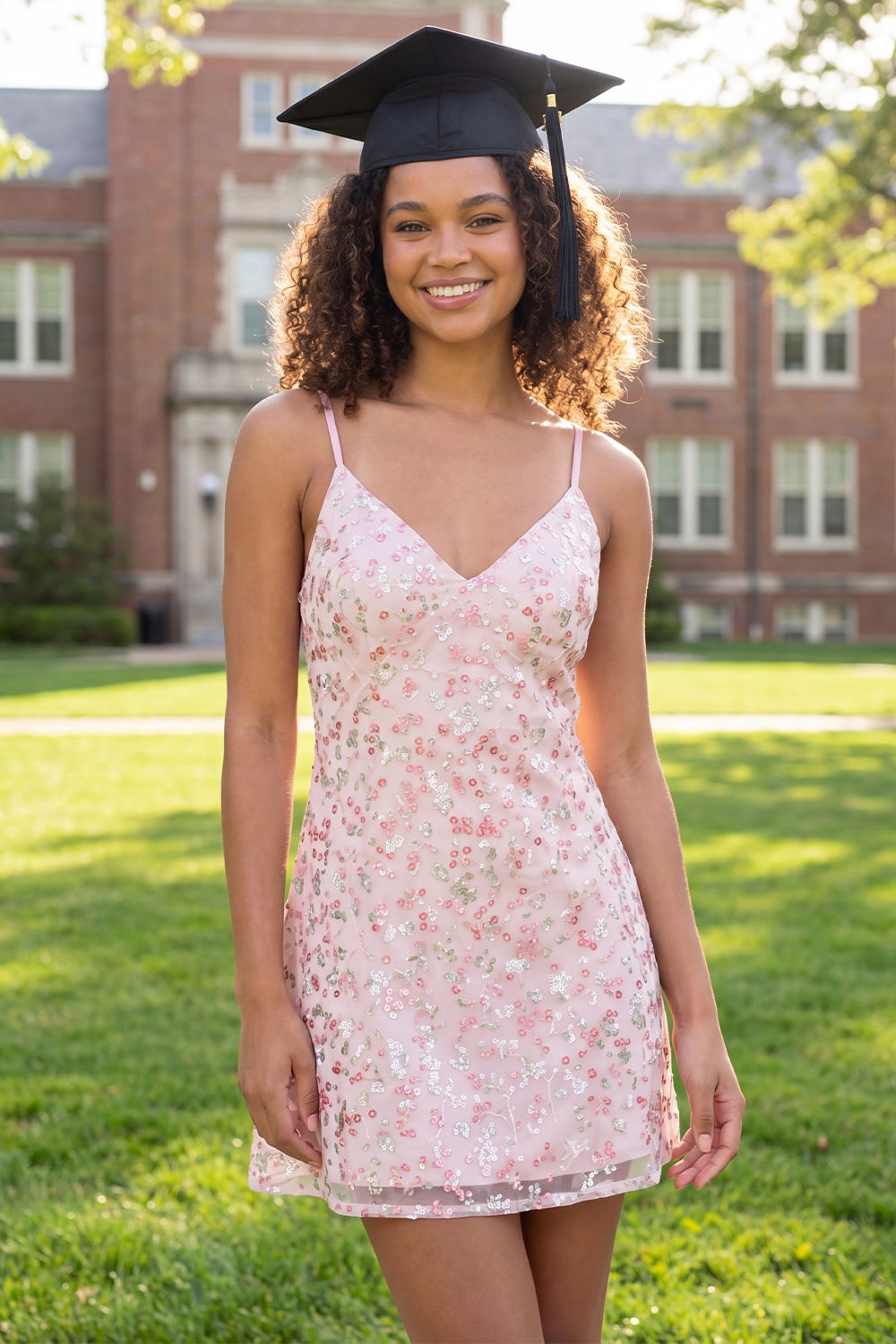 Sparkly Pink Floral Spaghetti Straps Short A Line Sequin Graduation Dress