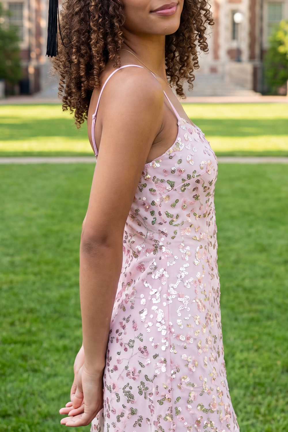 Sparkly Pink Floral Spaghetti Straps Short A Line Sequin Graduation Dress