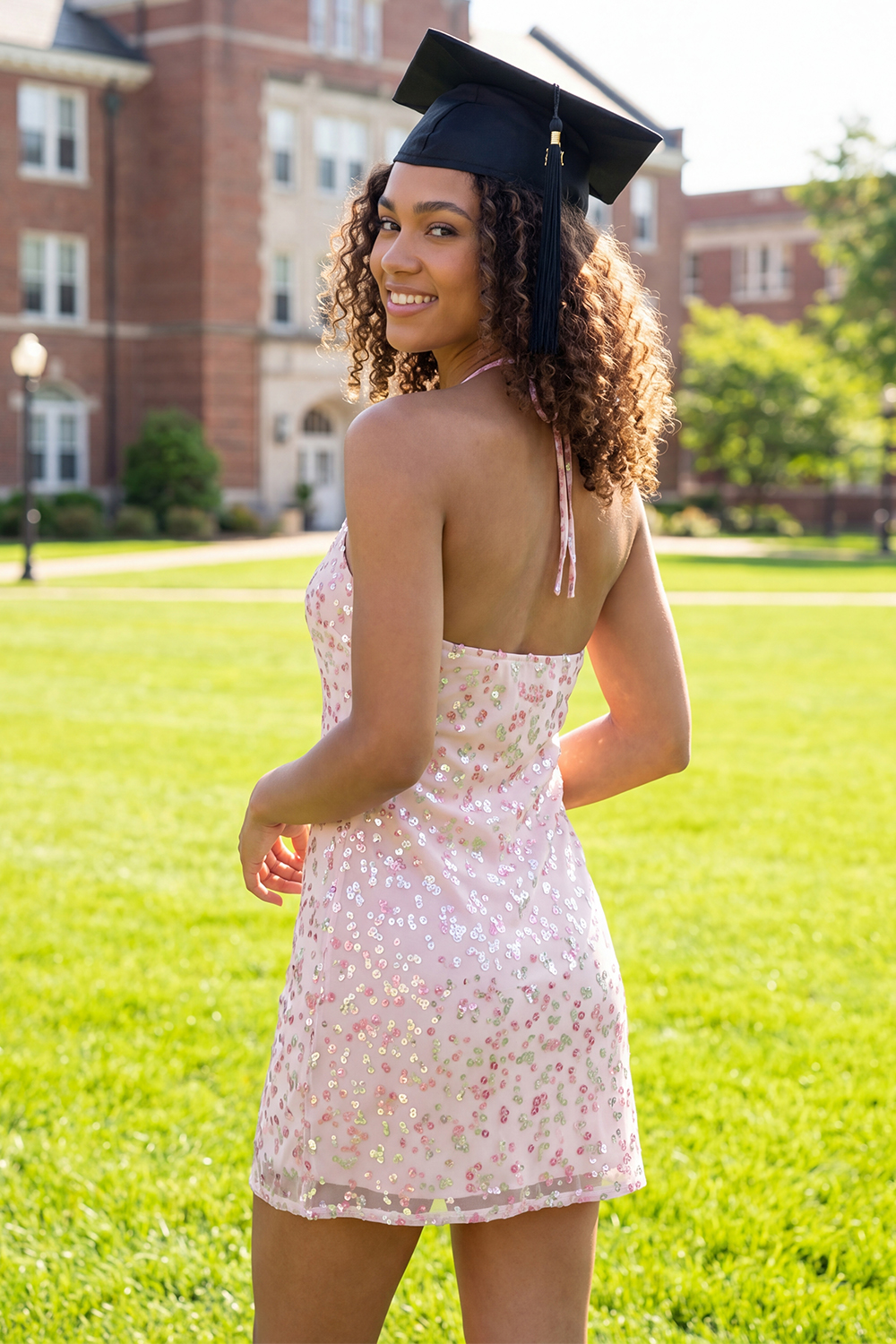 Sparkly Pink Halter Short A Line Floral Sequin Graduation Dress