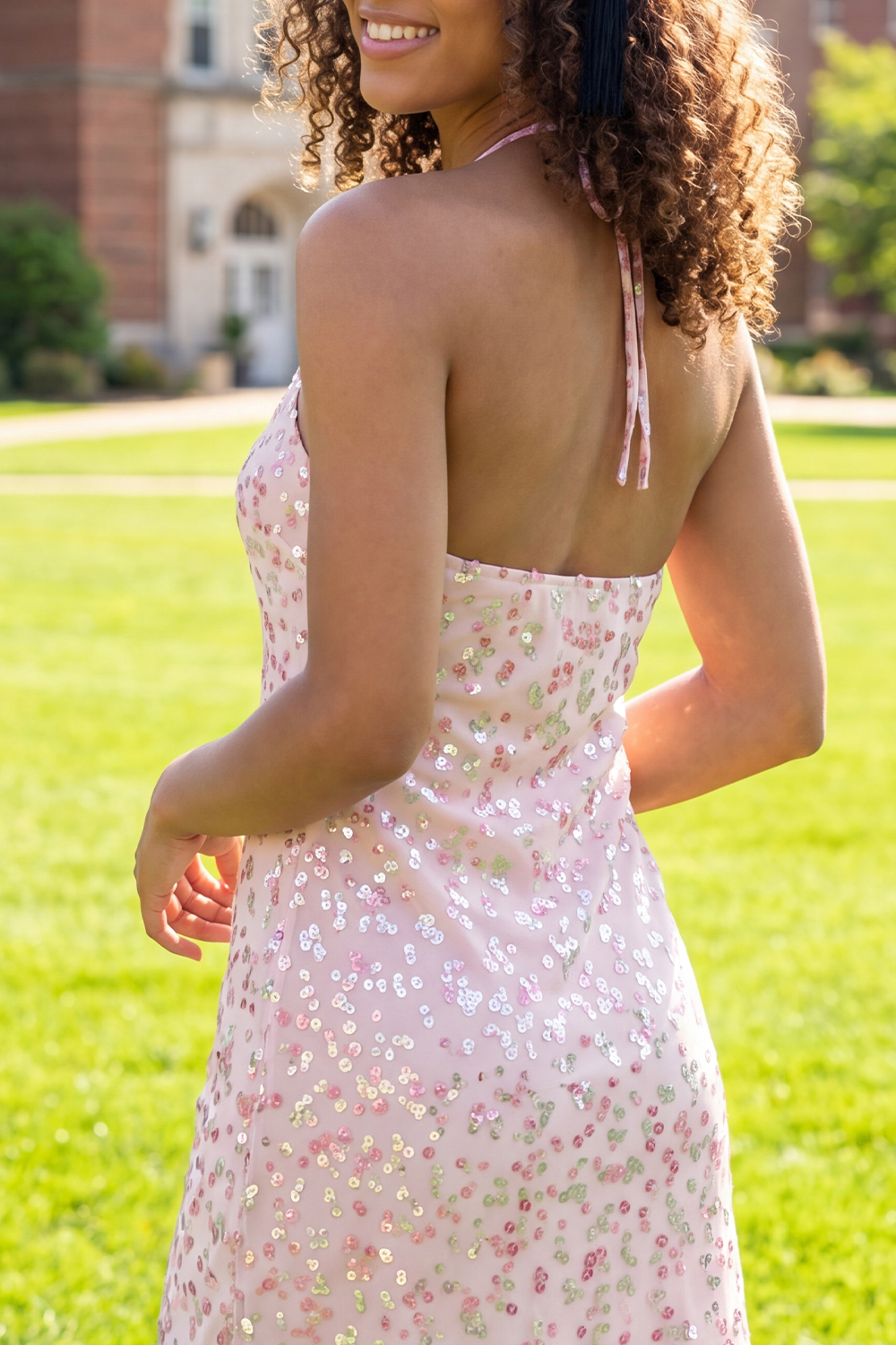 Sparkly Pink Halter Short A Line Floral Sequin Graduation Dress