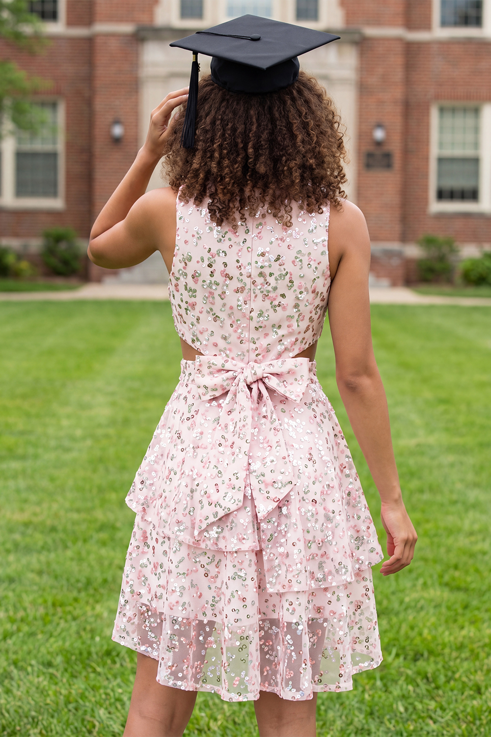 Sparkly White Pink Flower Short A Line Ruffled Graduation Dress with Bow