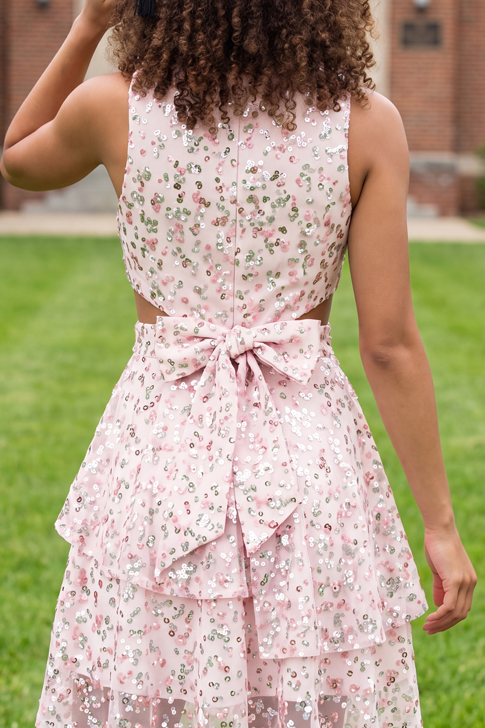Sparkly White Pink Flower Short A Line Ruffled Graduation Dress with Bow
