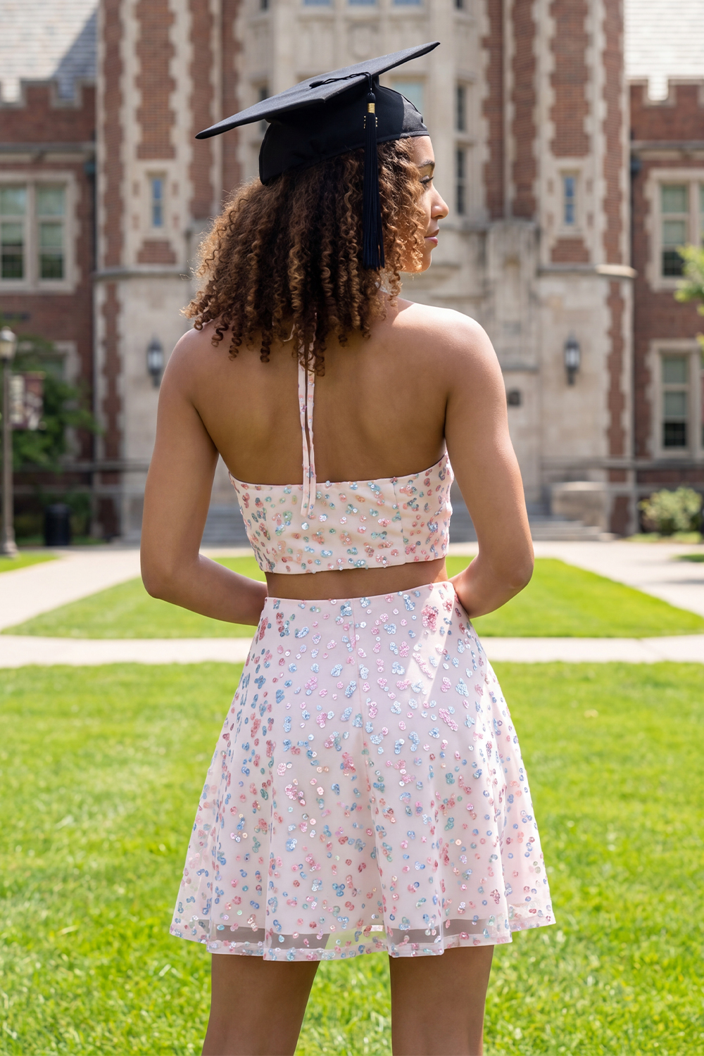 Sparkly White Pink Flower 2 Piece Halter Short Sequin Graduation Dress
