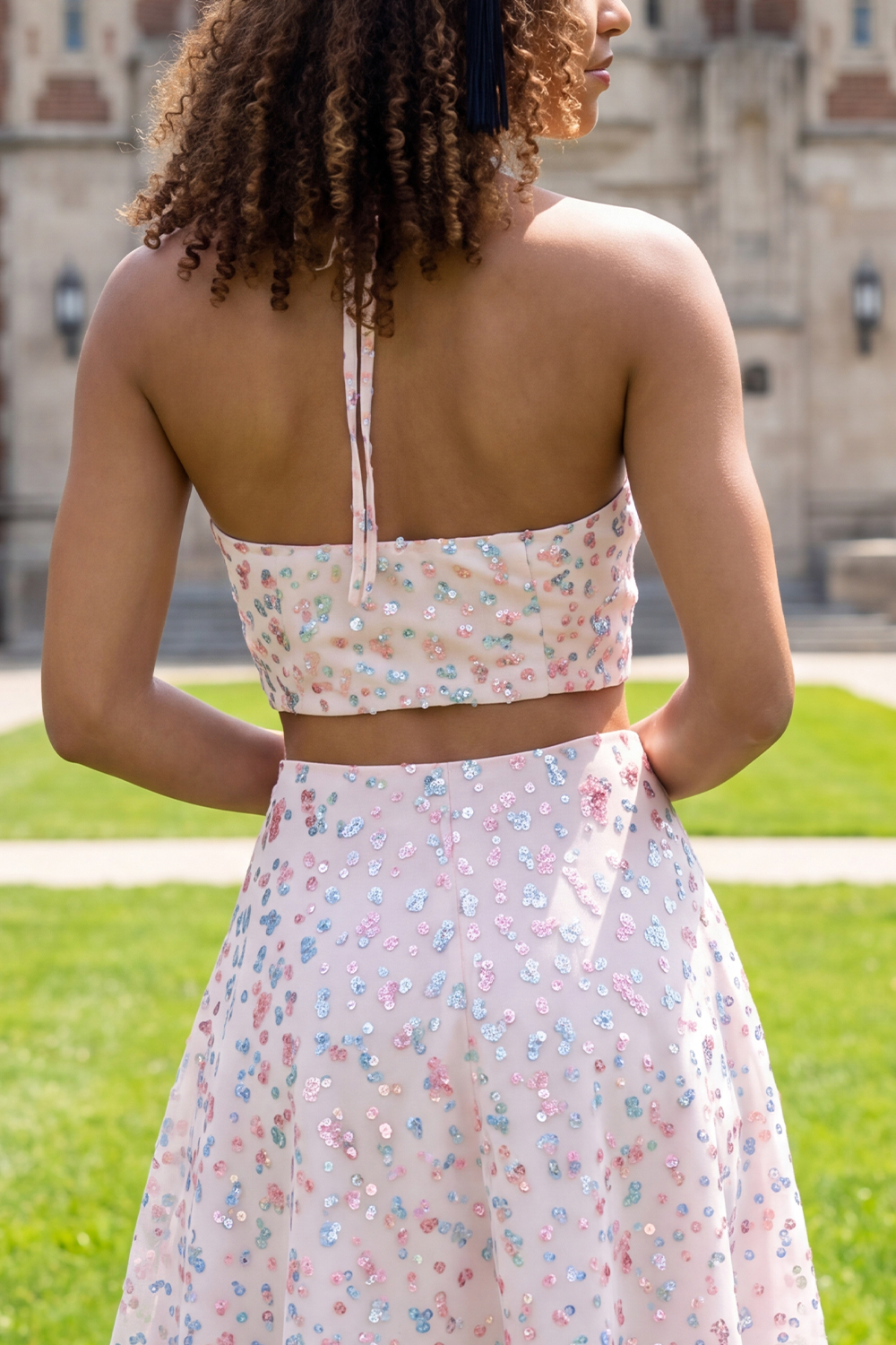 Sparkly White Pink Flower 2 Piece Halter Short Sequin Graduation Dress