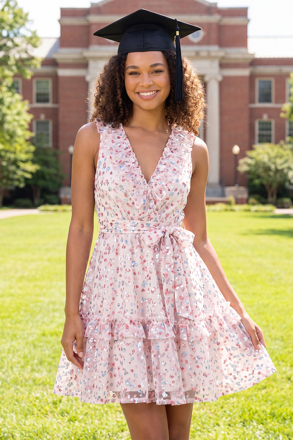 Sparkly White Pink Flower Short Ruffled A Line Graduation Dress with Belt
