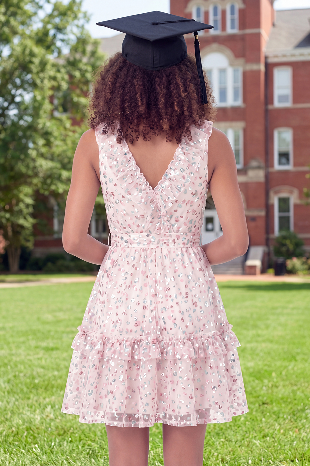 Sparkly White Pink Flower Short Ruffled A Line Graduation Dress with Belt