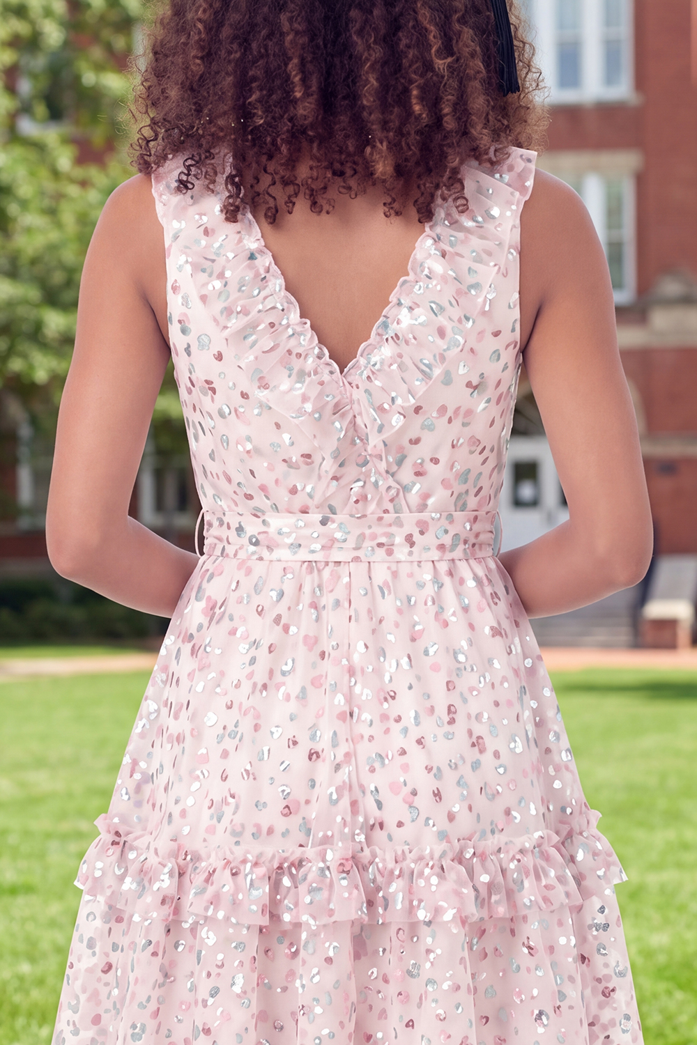Sparkly White Pink Flower Short Ruffled A Line Graduation Dress with Belt