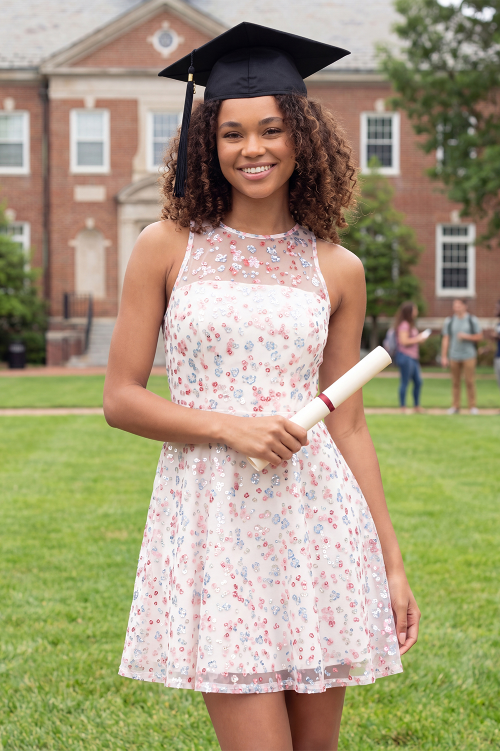 Sparkly White Pink Flower Round Neck Short A Line Graduation Dress