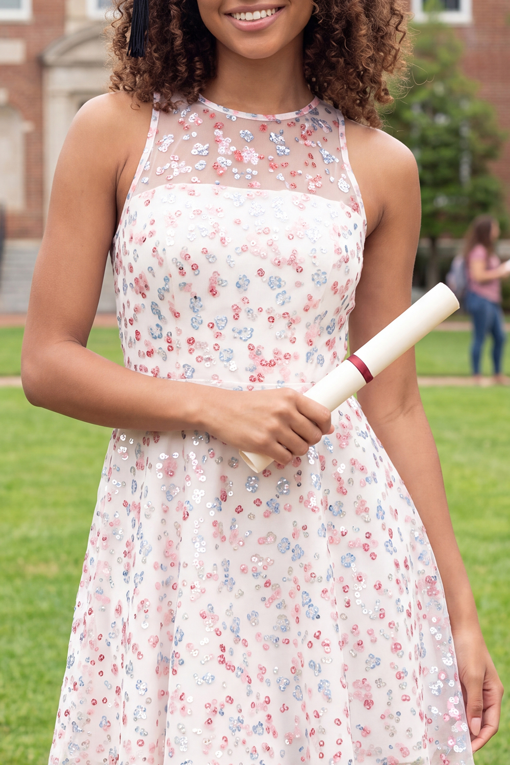 Sparkly White Pink Flower Round Neck Short A Line Graduation Dress