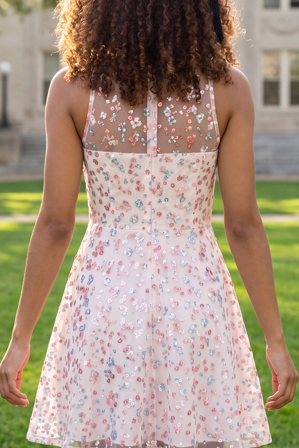 Sparkly White Pink Flower Round Neck Short A Line Graduation Dress
