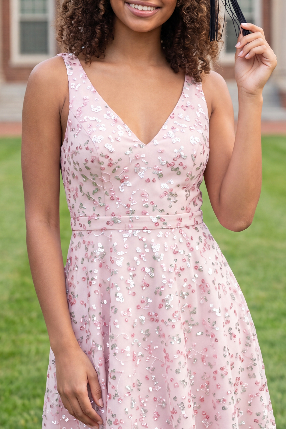 Sparkly Pink A Line Short V-Neck Floral Graduation Dress with Sequin