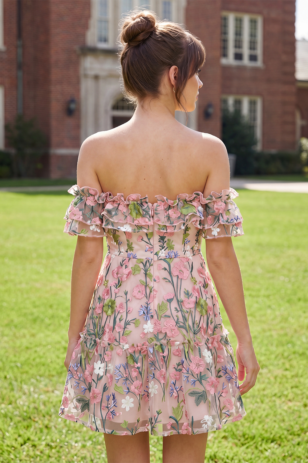Pink Off the Shoulder A Line Floral Short Graduation Dress with Ruffles