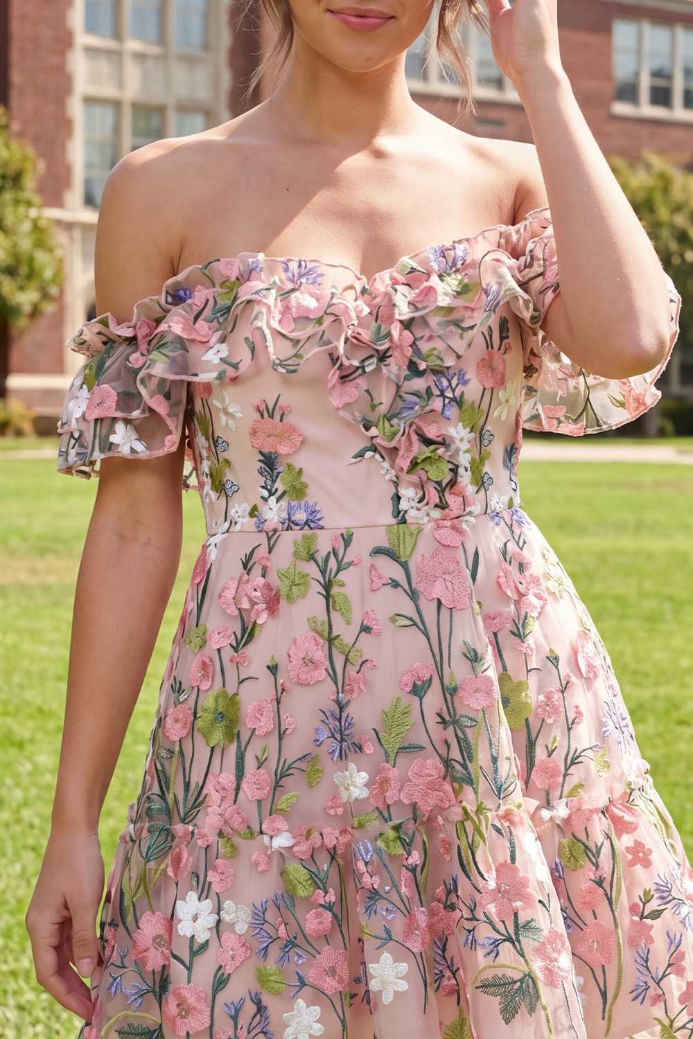 Pink Off the Shoulder A Line Floral Short Graduation Dress with Ruffles