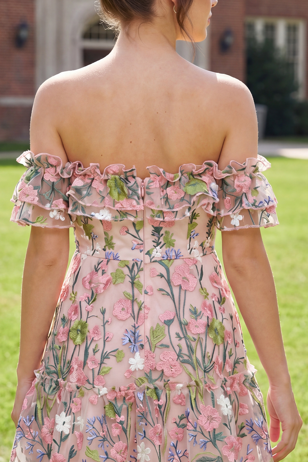 Pink Off the Shoulder A Line Floral Short Graduation Dress with Ruffles