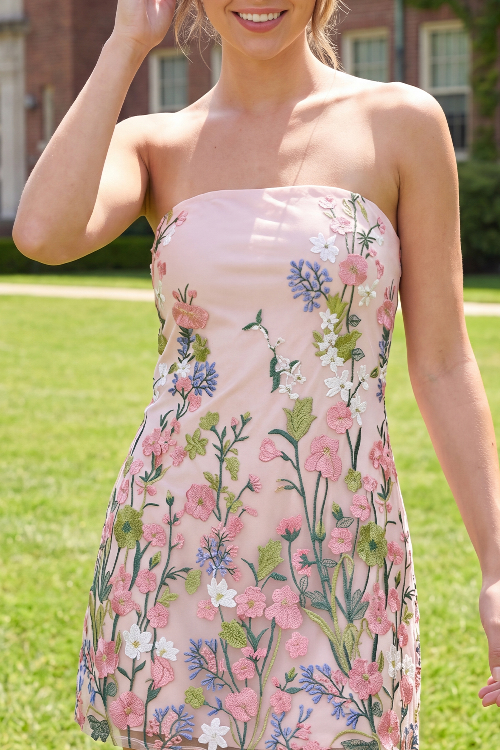 Pink Floral Strapless Short A Line Graduation Dress