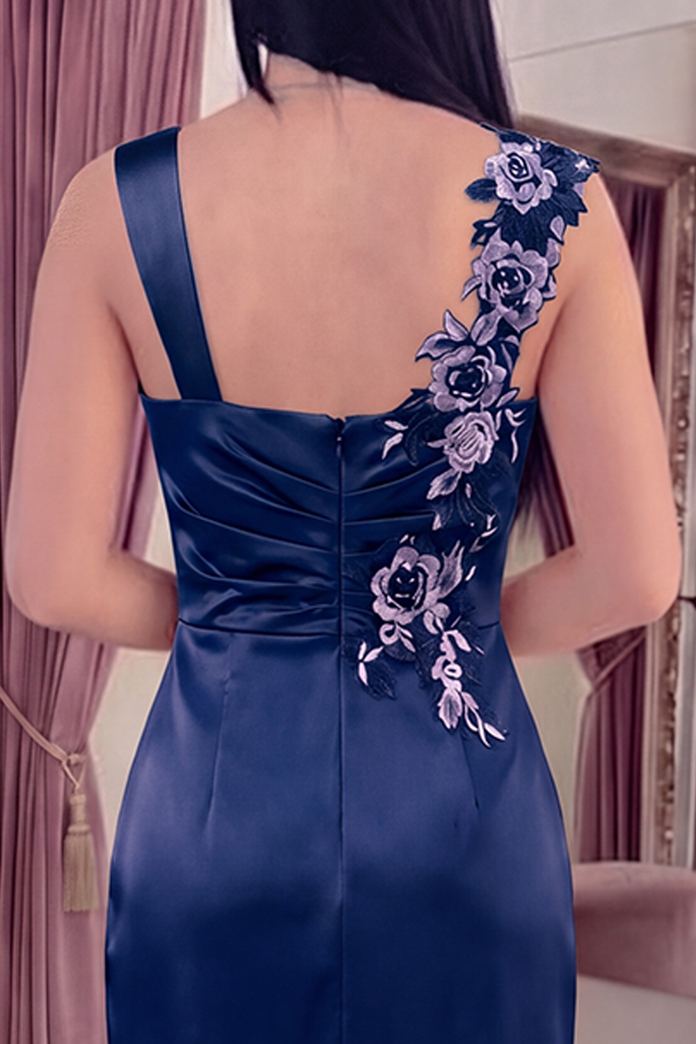 Navy Floral Thick Straps Ruched Tight Short Homecoming Dress