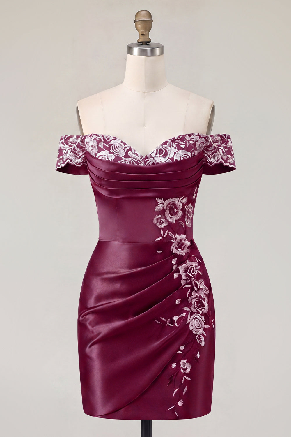 Burgundy Off the Shoulder Floral Ruched Tight Short Homecoming Dress