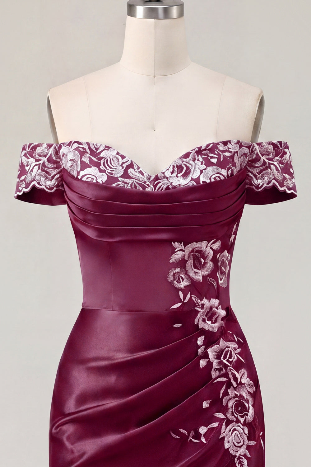 Burgundy Off the Shoulder Floral Ruched Tight Short Homecoming Dress