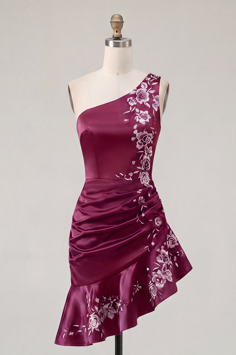 Burgundy One Shoulder Floral Ruched Tight Short Homecoming Dress with Ruffles