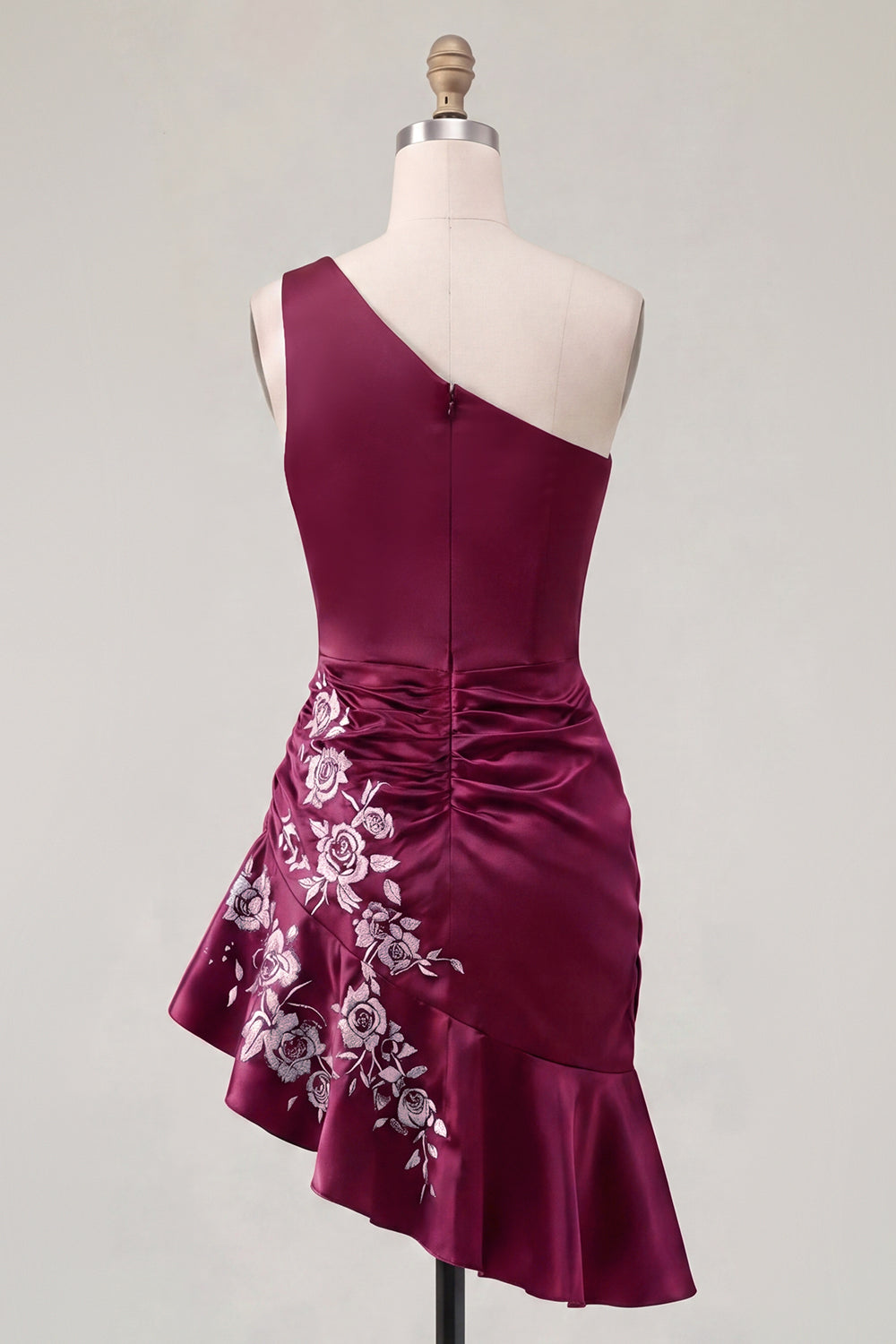 Burgundy One Shoulder Floral Ruched Tight Short Homecoming Dress with Ruffles