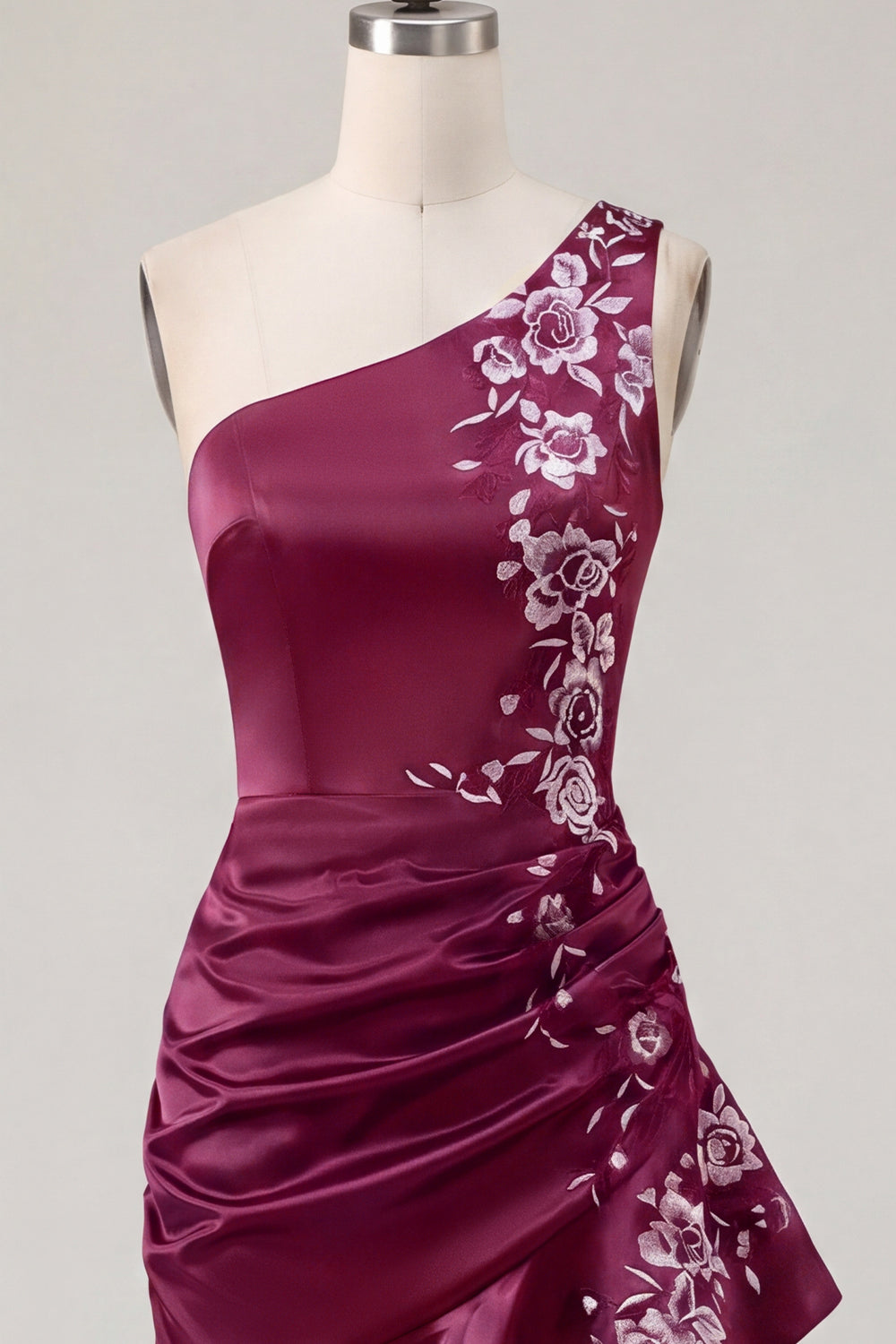 Burgundy One Shoulder Floral Ruched Tight Short Homecoming Dress with Ruffles