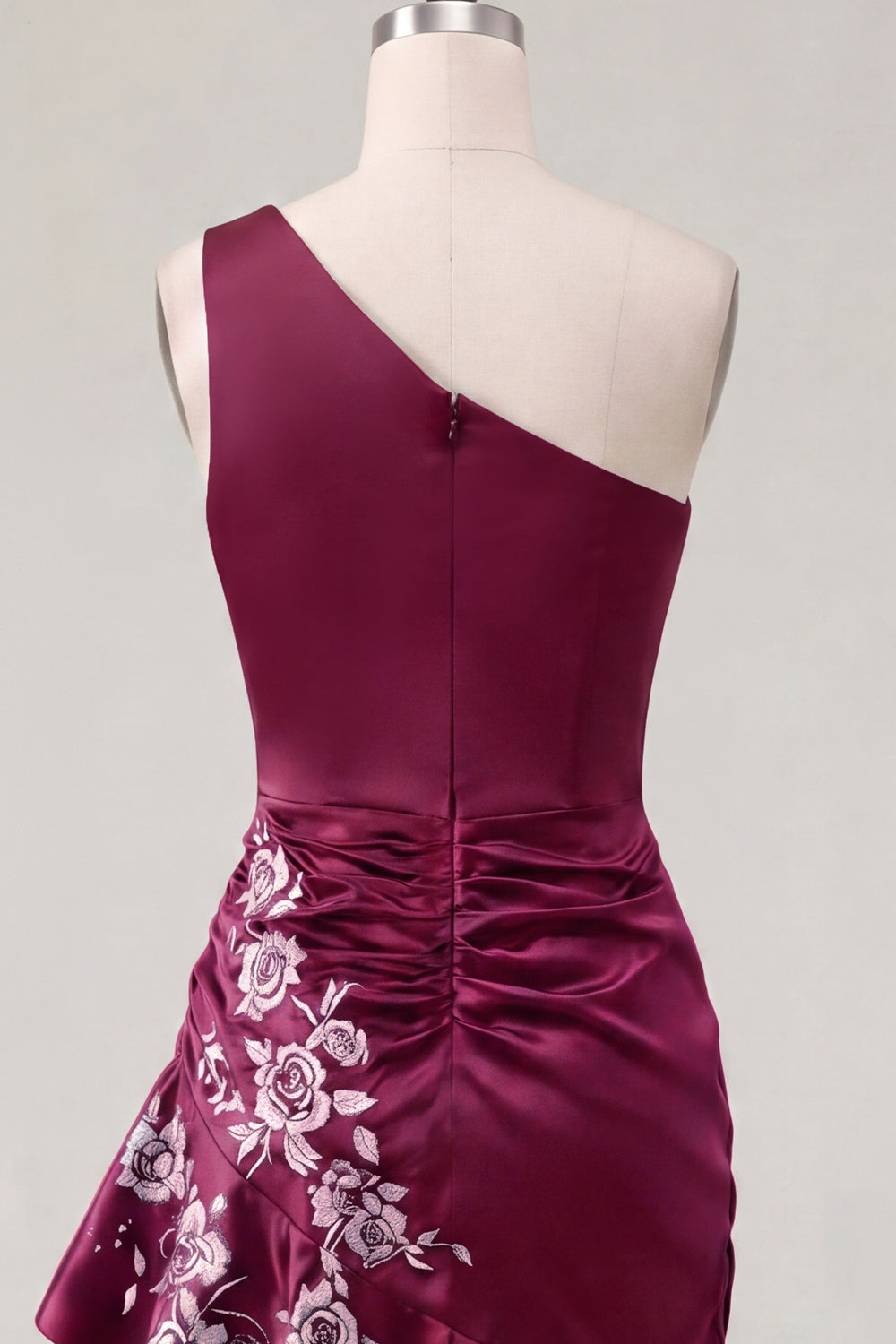 Burgundy One Shoulder Floral Ruched Tight Short Homecoming Dress with Ruffles