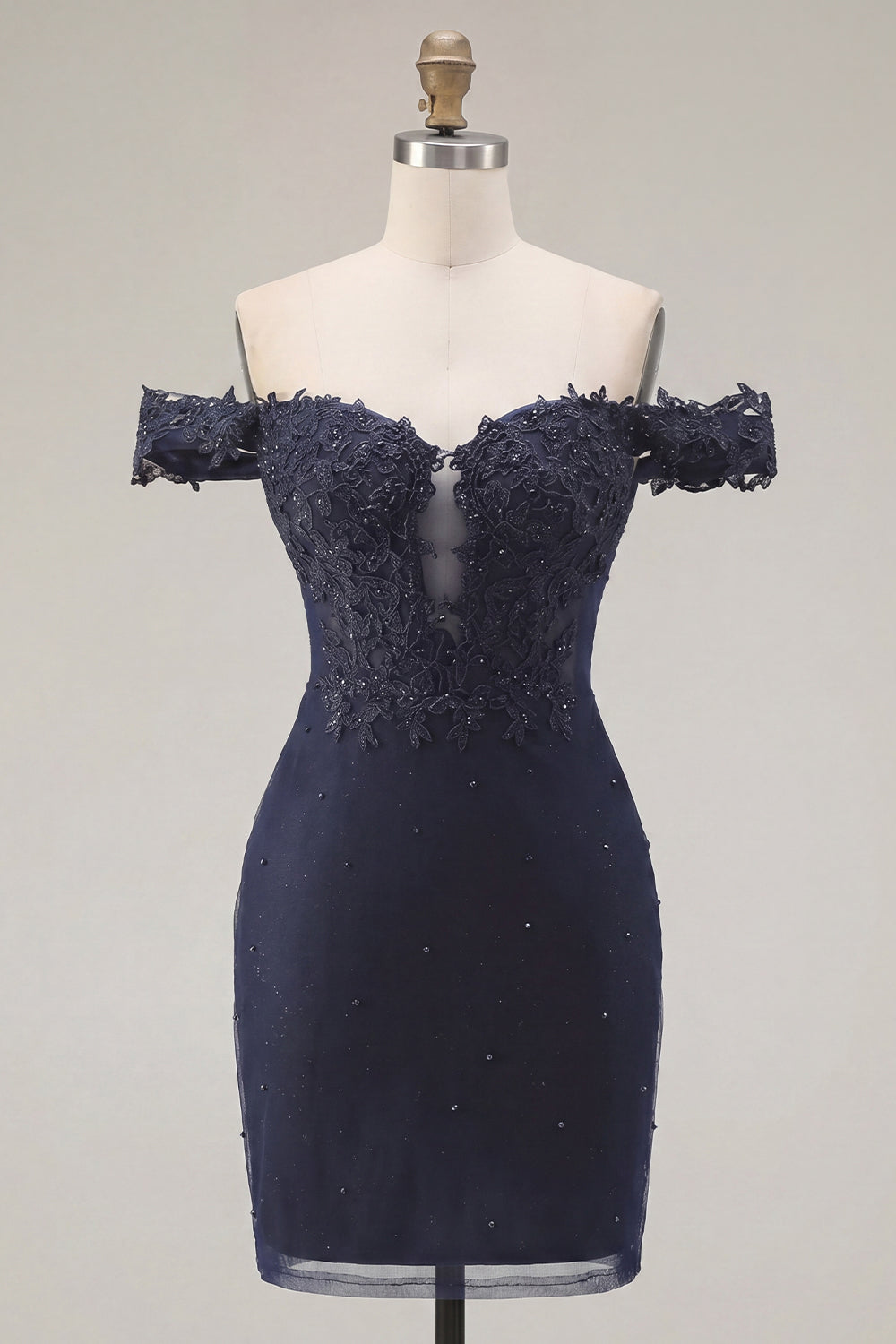 Sparkly Navy Short Tight Off the Shoulder Homecoming Dress with Beading