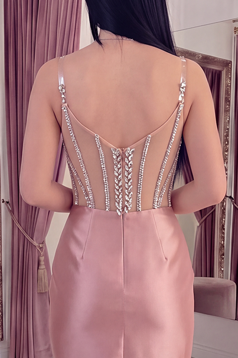 Sparkly Blush Satin Tight Short Corset Spaghetti Straps Homecoming Dress with Beading