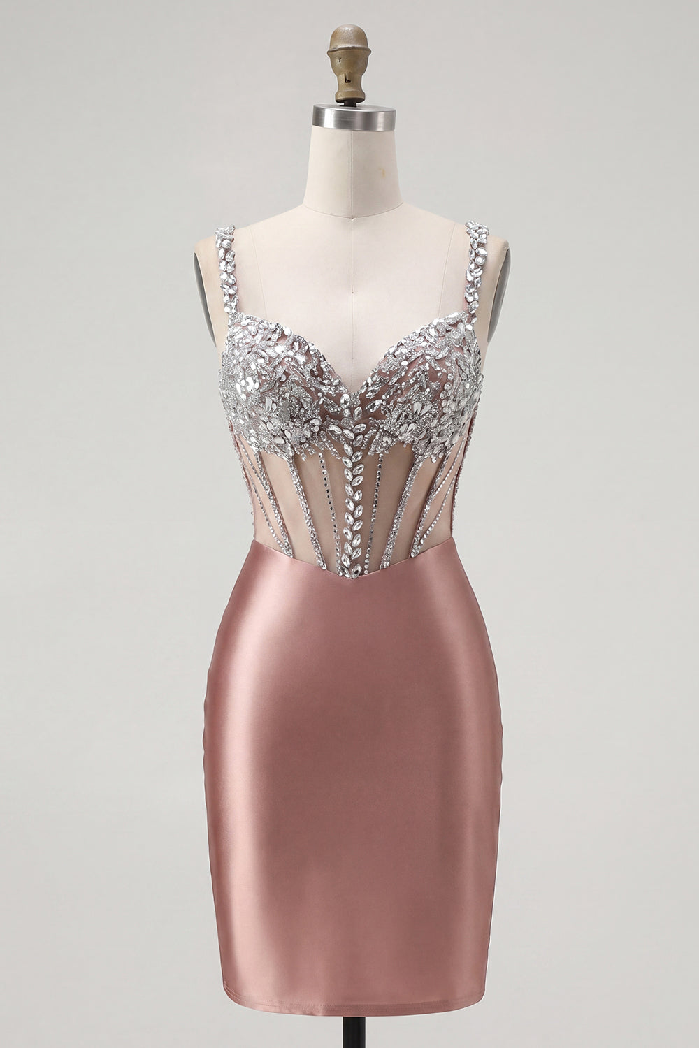 Sparkly Blush Satin Tight Short Corset Spaghetti Straps Homecoming Dress with Beading