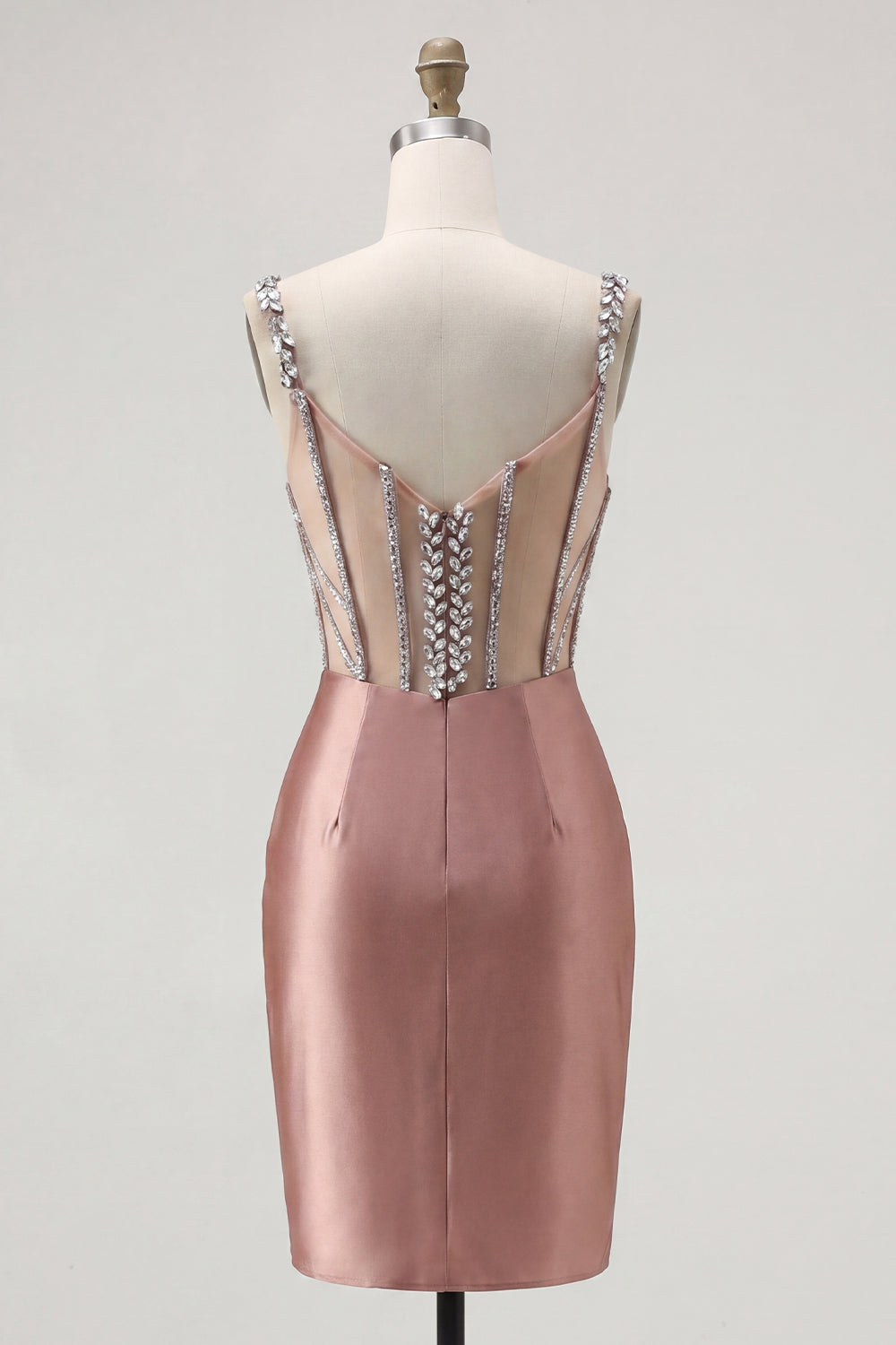 Sparkly Blush Satin Tight Short Corset Spaghetti Straps Homecoming Dress with Beading