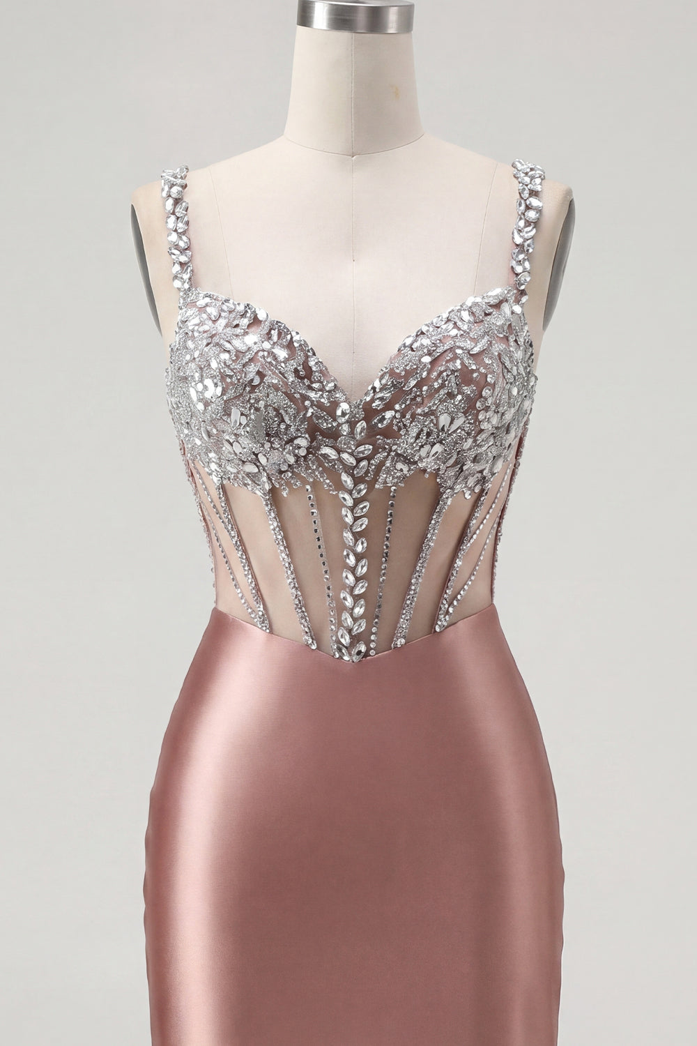 Sparkly Blush Satin Tight Short Corset Spaghetti Straps Homecoming Dress with Beading