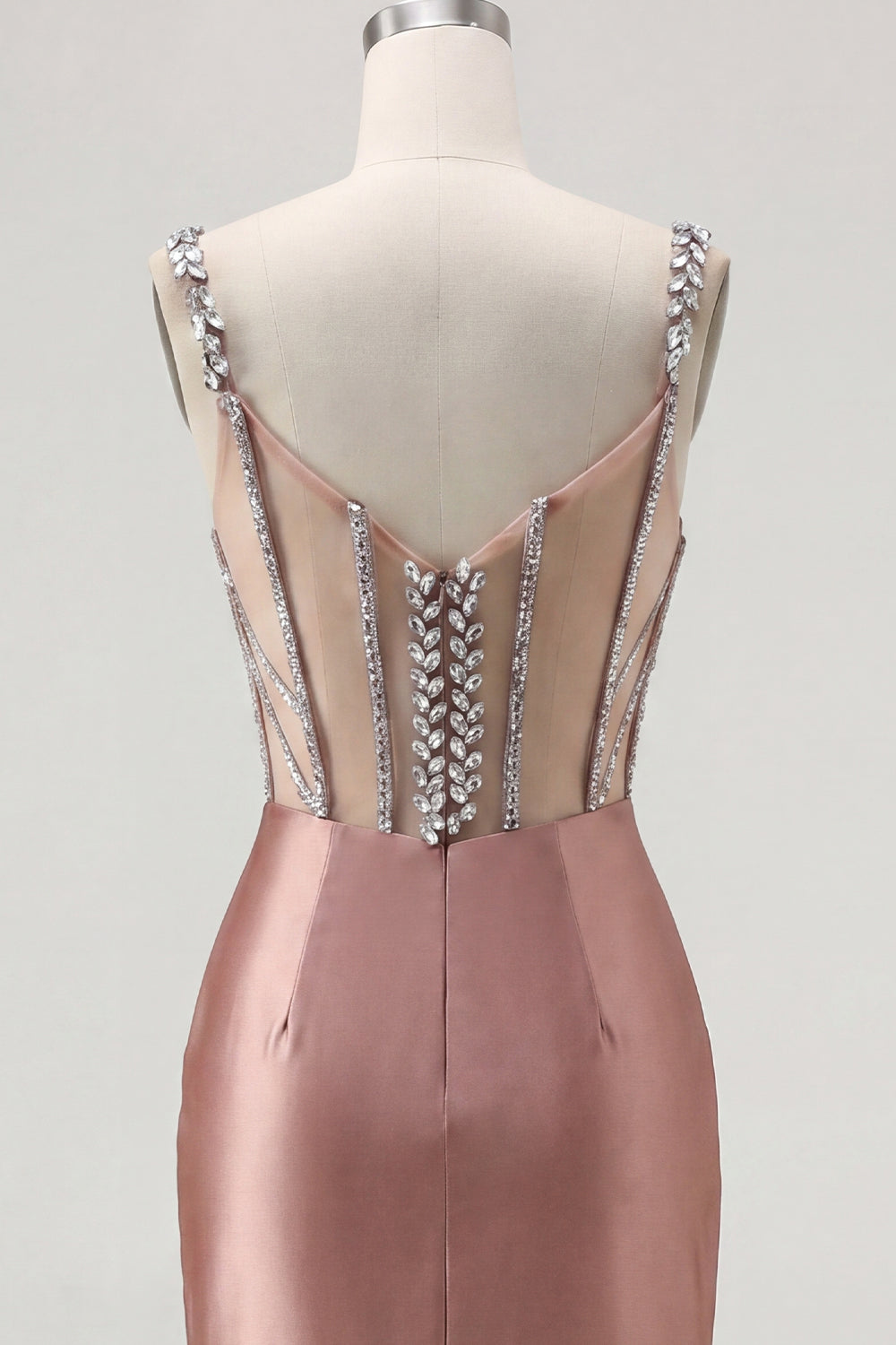 Sparkly Blush Satin Tight Short Corset Spaghetti Straps Homecoming Dress with Beading