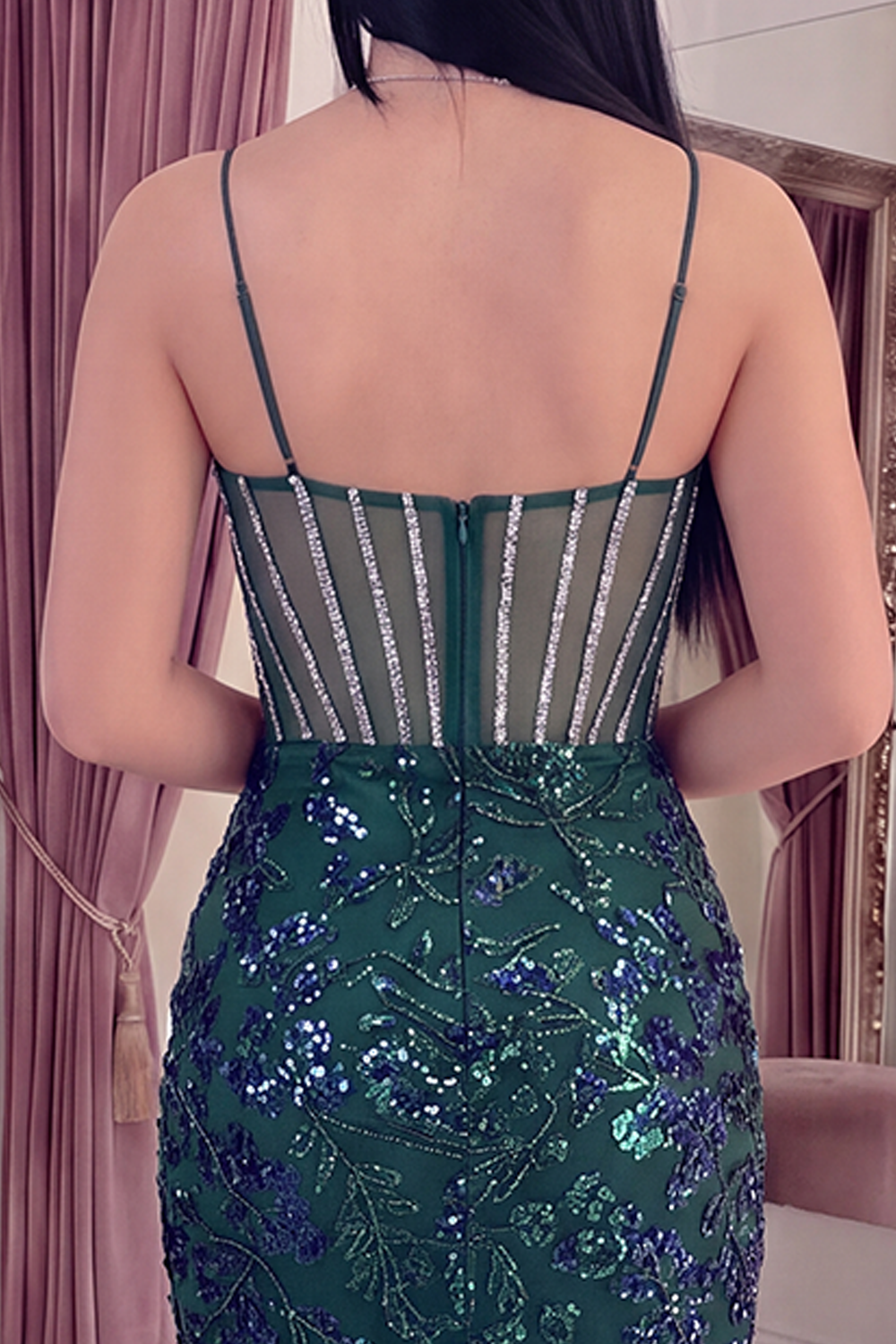 Sparkly Dark Green Floral Tight Short Corset Homecoming Dress with Beading