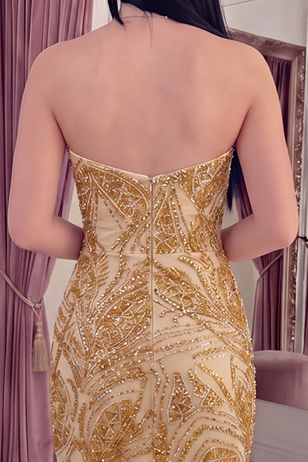 Sparkly Golden Short Tight Strapless Beaded Homecoming Dress