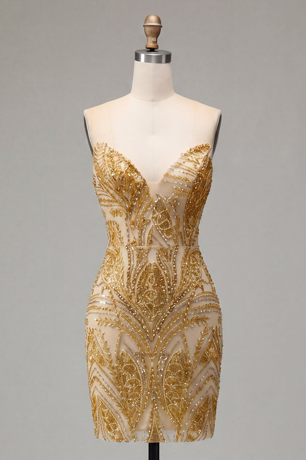 Sparkly Golden Short Tight Strapless Beaded Homecoming Dress
